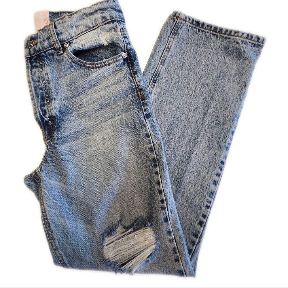 Revice Button Fly High Rise Distressed Y2K Straight Leg Blue Denim Jeans, 28